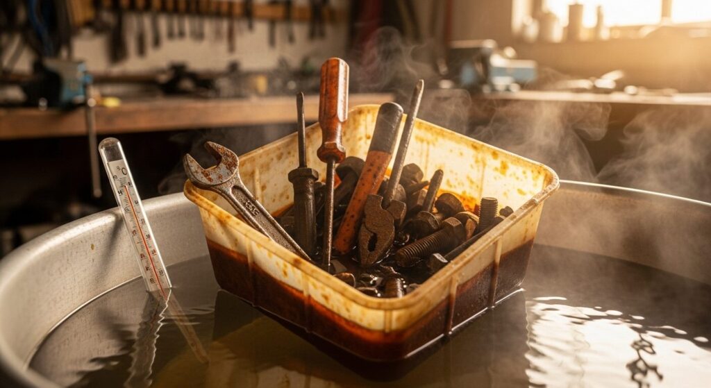 反応速度を高めるために、お湯を入れた洗面器でクエン酸水を湯煎し保温している様子