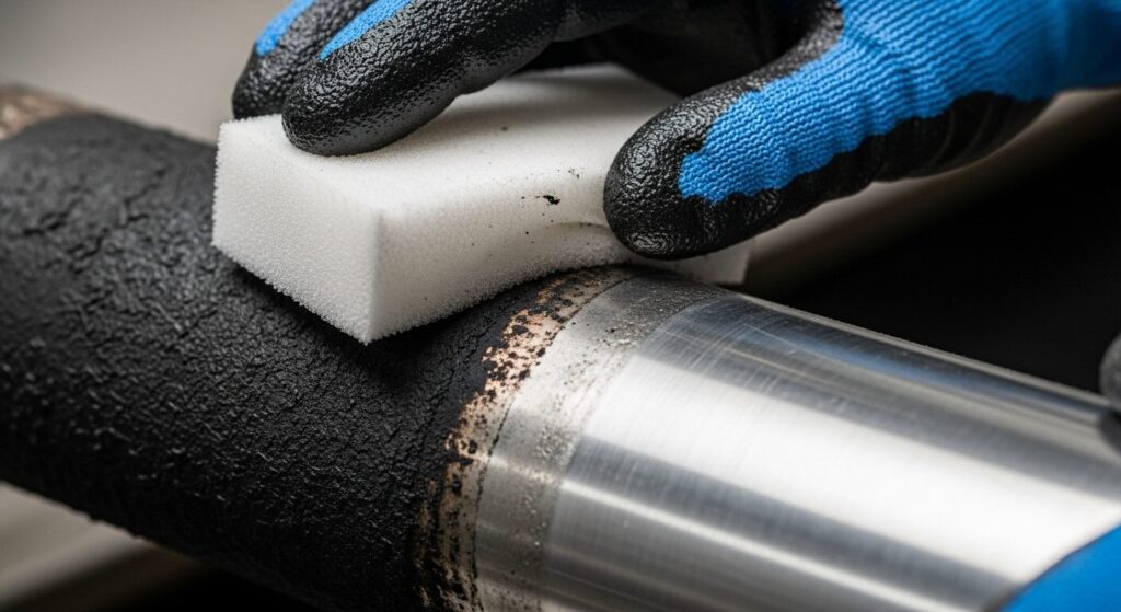 錆び取り後に発生した黒いスマット汚れをメラミンスポンジで物理的に擦り落としている比較画像