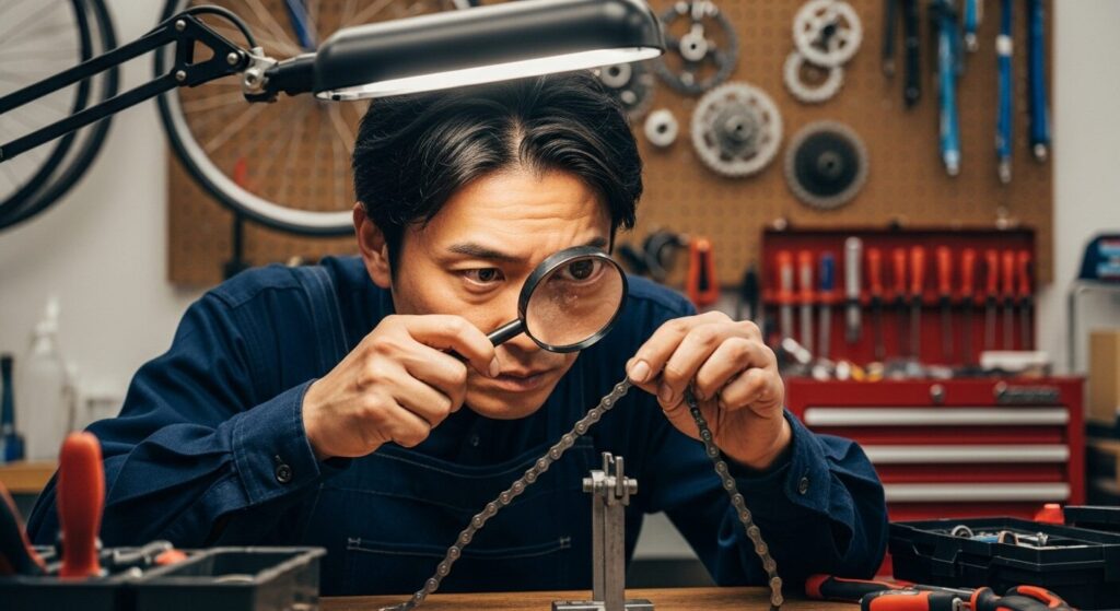 水素脆化のリスクを考慮し、自転車のチェーンを慎重に点検している日本人男性