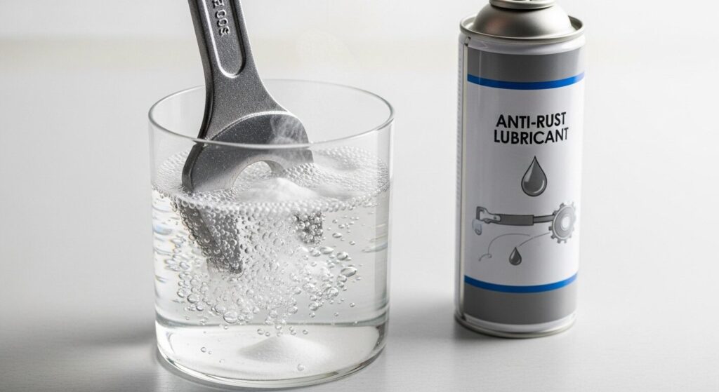 クエン酸処理後の工具を重曹水に浸けて中和し、防錆スプレーで仕上げの準備をしている様子