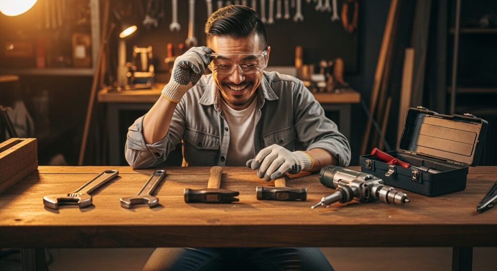 安全に錆び取り作業を終え、ピカピカになった工具を前に満足そうな表情を浮かべる日本人男性