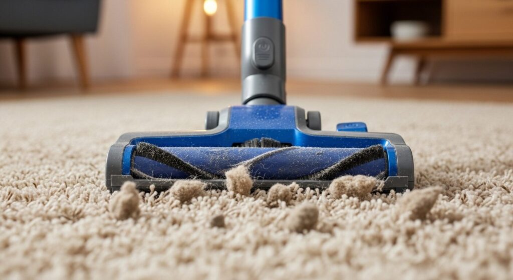 一人暮らしの部屋で、安価なツインバード掃除機を箱から出して喜んでいる日本人女性。