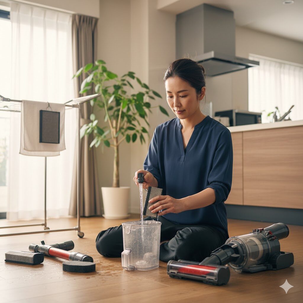 シャーク掃除機のフィルターを丁寧に水洗いしている日本人女性と、分解された掃除機のパーツが床に並べられている様子