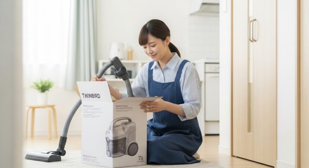 スティックとハンディの2WAYで使えるツインバード掃除機を実演する日本人女性。