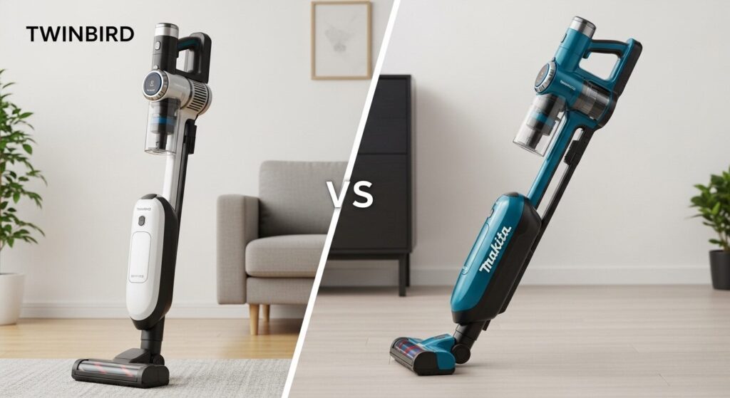 自立するツインバード掃除機と、自立しないマキタ掃除機が並べられている比較画像。
