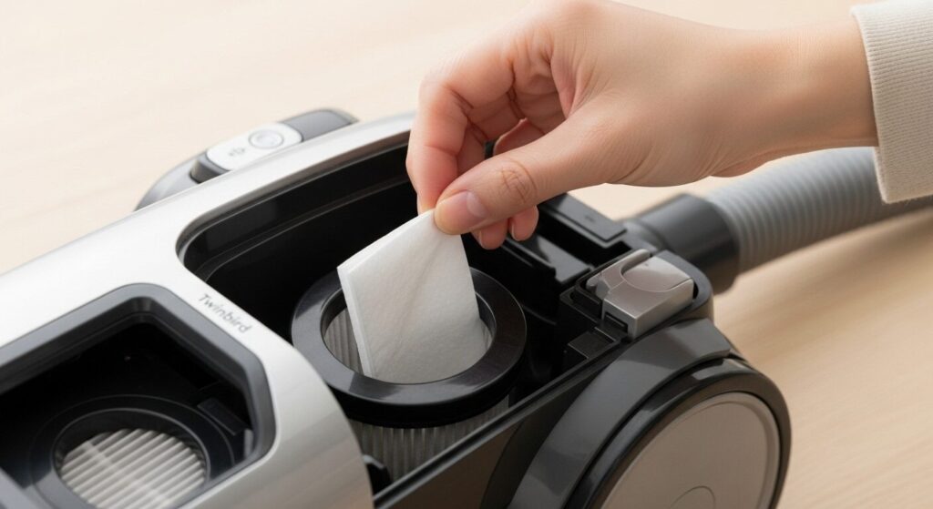 サイクロン掃除機のフィルターにティッシュを挟んでいる日本人の手元。