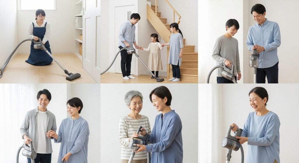 - 学生、サブ機として利用する家族、高齢者がツインバード掃除機を使って満足しているコラージュ画像。