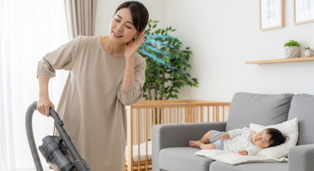 掃除機の音に耳を傾け、背後で赤ちゃんが寝ている中で掃除をする日本人女性。