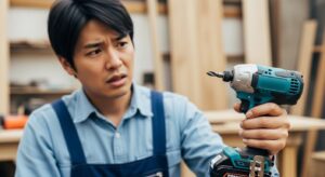 インパクトドライバーのビットが抜けずに困った表情で工具を見つめる日本人男性の作業風景