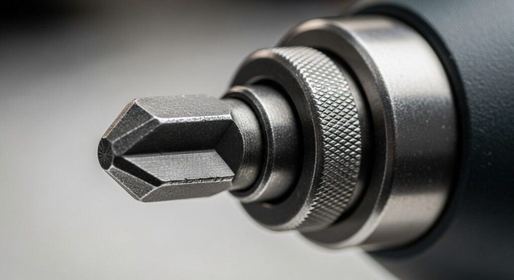 インパクトドライバーのアンビルとチャック部分のクローズアップ画像、ビットが装着された状態