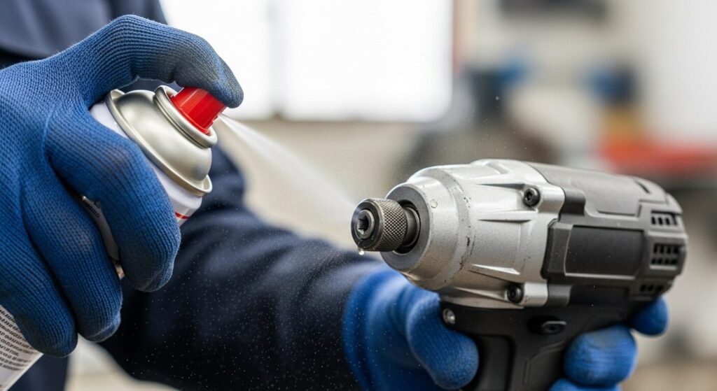 インパクトドライバーのビット差し込み口に潤滑剤をスプレーして固着を解消しようとしている様子