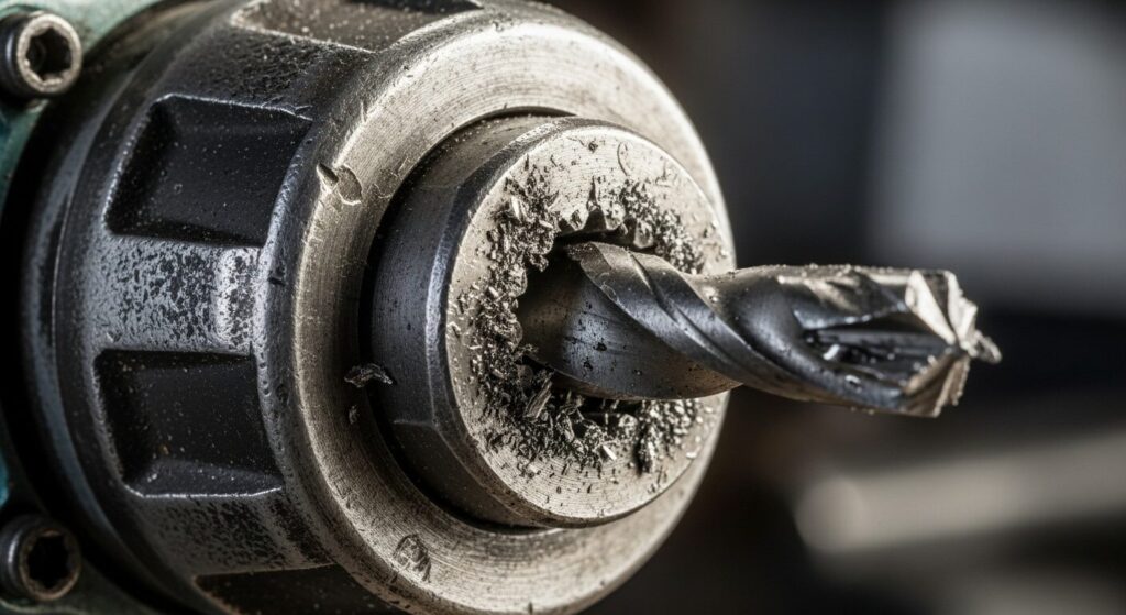 インパクトドライバーのアンビル内部で折れて埋没してしまったビットの断面クローズアップ