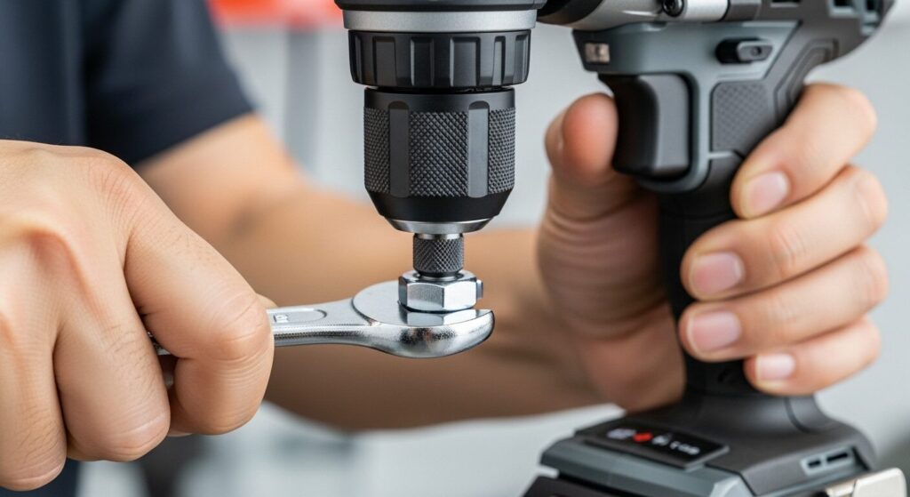 - ドリルチャックアダプターの噛み込みを解除するためにスパナを使用してナットを回している様子