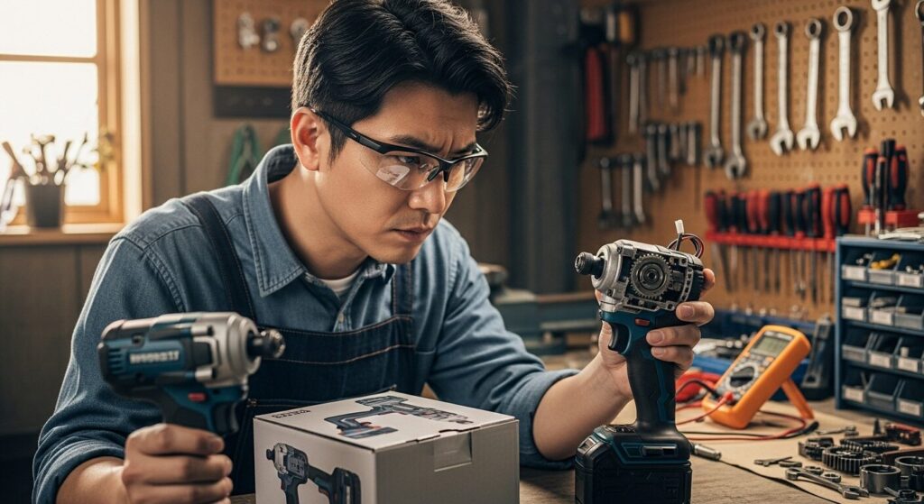 インパクトドライバーの修理か買い替えかを検討している日本人男性と工具が並んだデスク