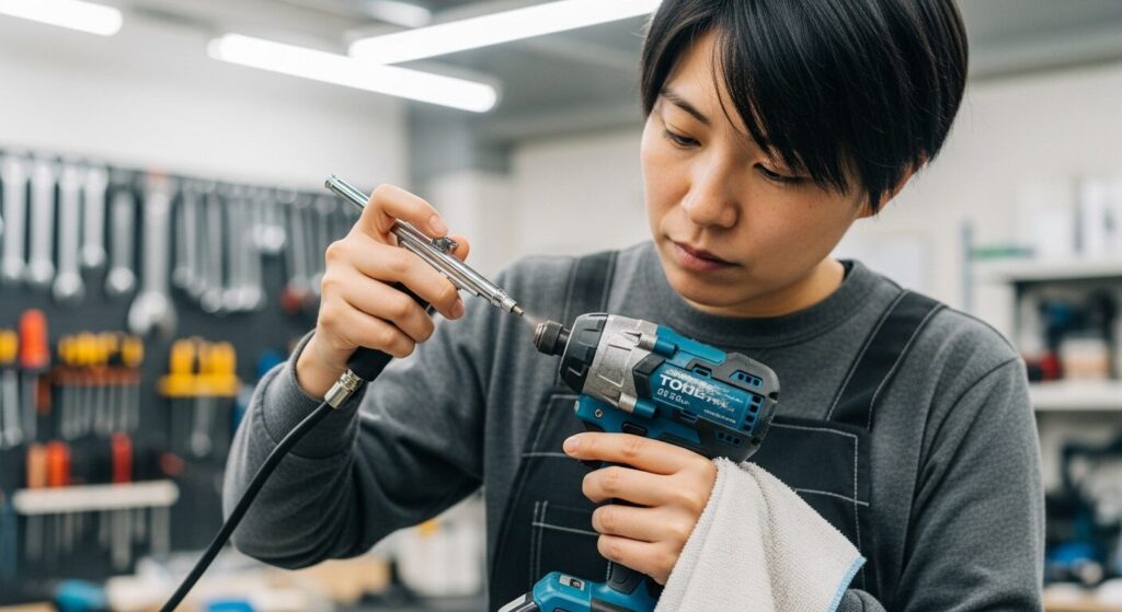 インパクトドライバーに付着した汚れをエアダスターと布で清掃しているメンテナンス風景
