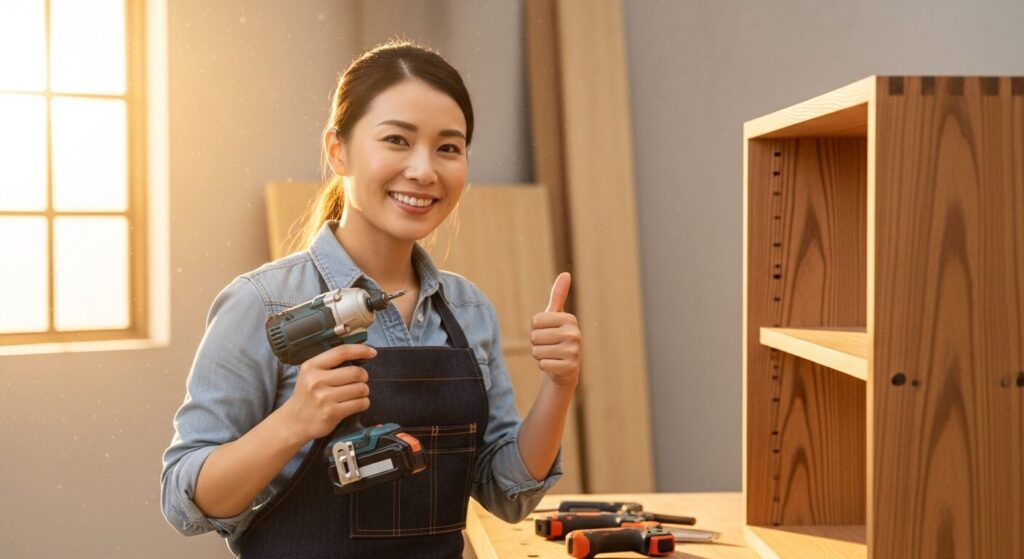 ビット抜けトラブルを解決し、笑顔でDIYを楽しむ日本人女性とインパクトドライバー