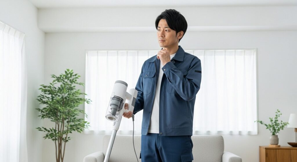 イリスオーヤマのコードレス掃除機を手に持ち、性能を検証しようとしている日本人男性