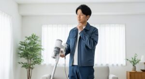 イリスオーヤマのコードレス掃除機を手に持ち、性能を検証しようとしている日本人男性