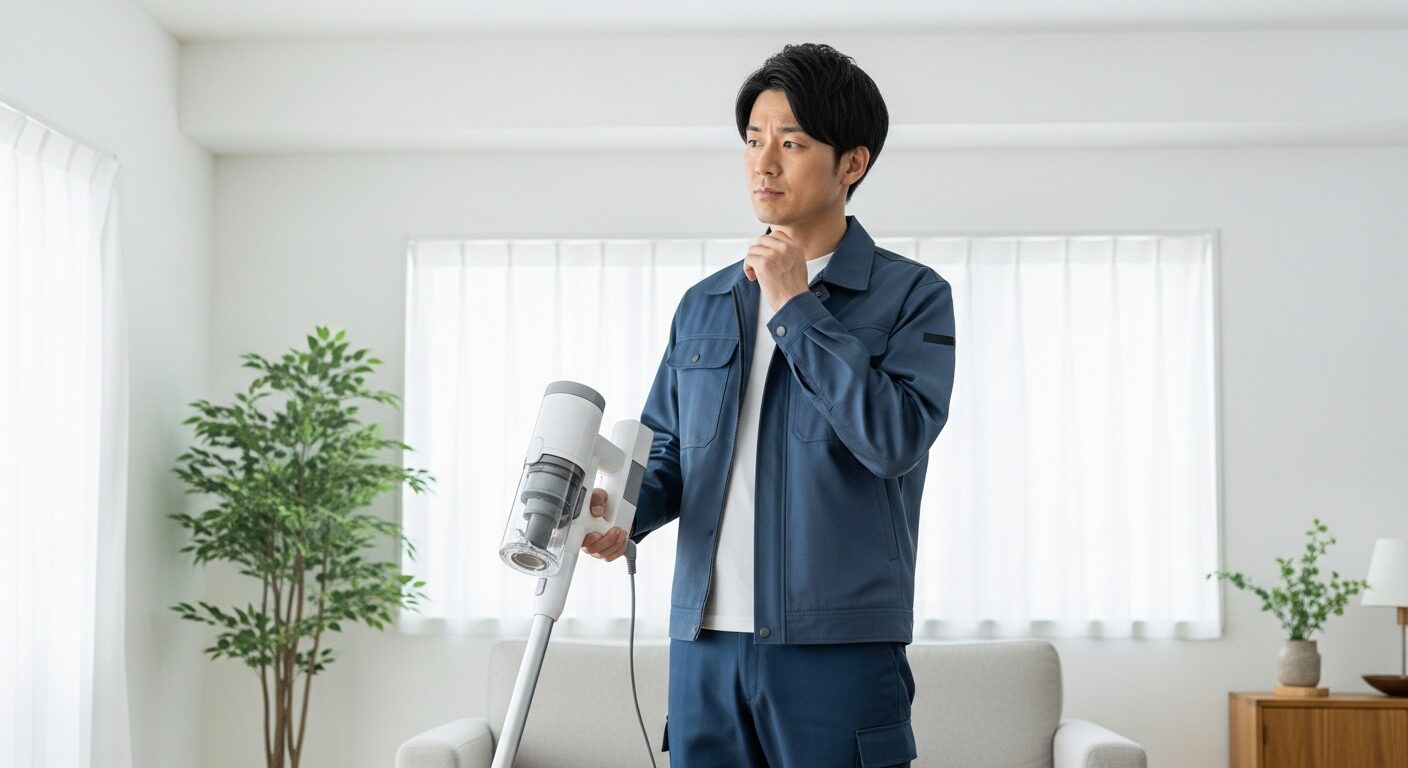 イリスオーヤマのコードレス掃除機を手に持ち、性能を検証しようとしている日本人男性