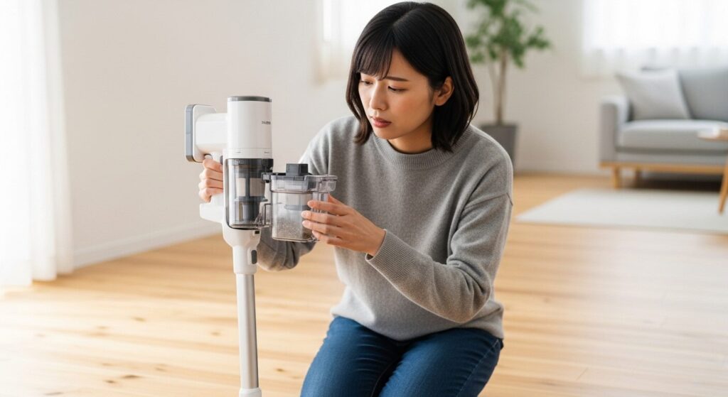 掃除機の吸引力や故障の噂を気にしながら製品を確認する日本人女性