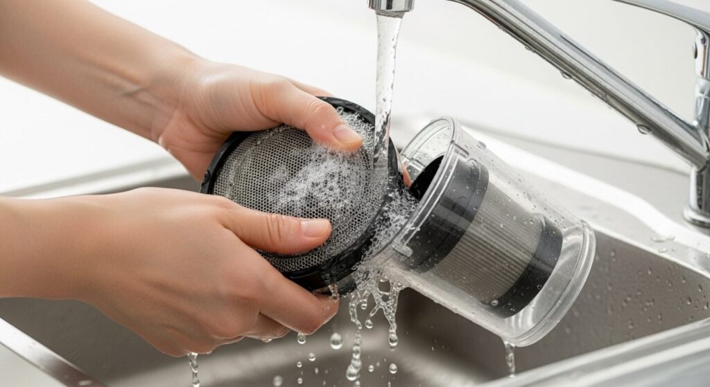 掃除機の吸引力を回復させるためにフィルターを水洗いしている様子