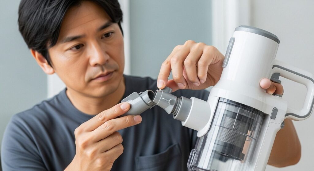 掃除機の延長パイプや接続部分の耐久性を点検している様子