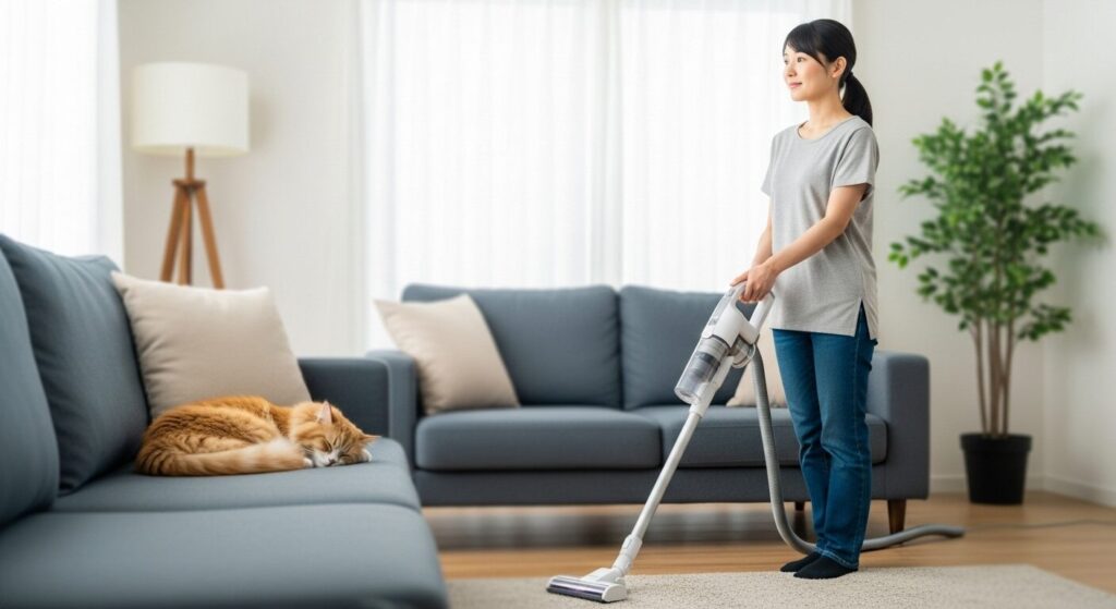 リビングで掃除機をかけながら運転音の大きさを確認している様子