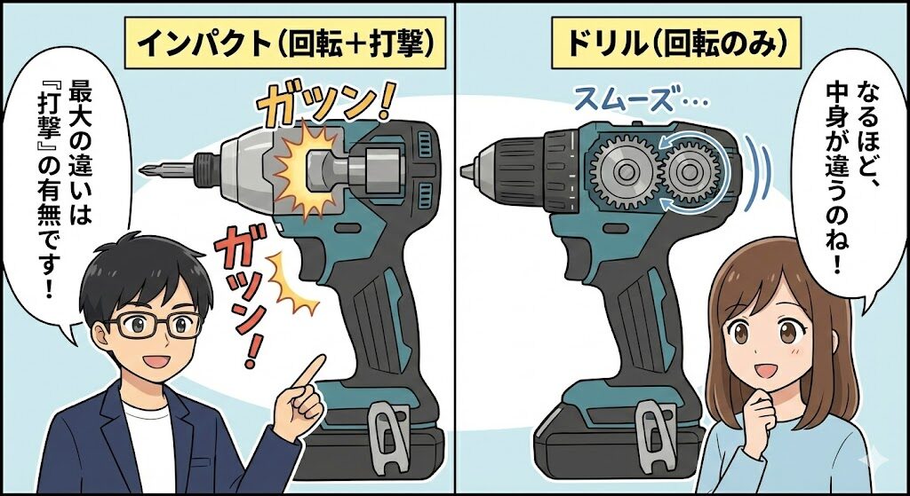 [結論] 打撃があるのがインパクト、回転のみがドリルドライバー