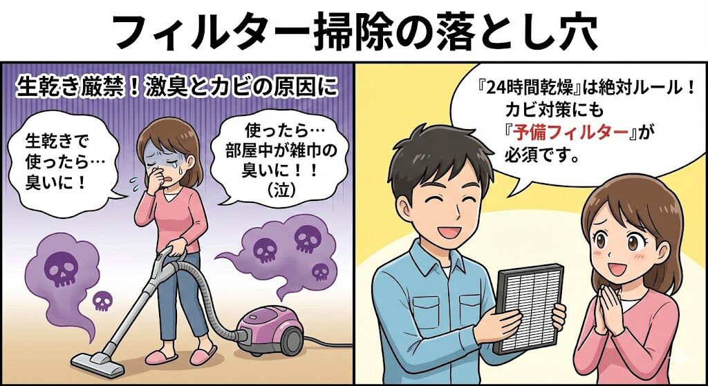 フィルター掃除の落とし穴！「24時間乾燥」を守れますか？
