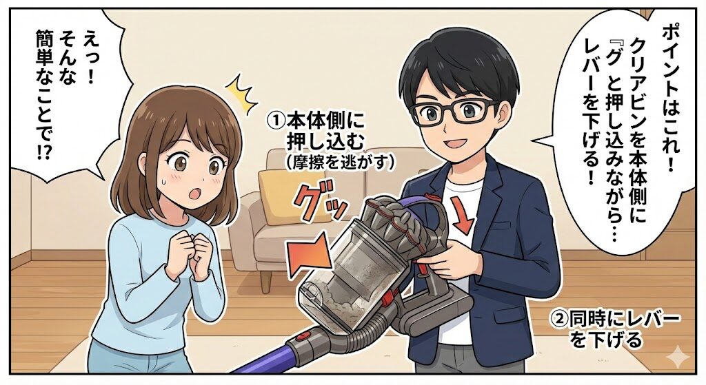 結論:クリアビンを「本体側に押し込みながら」レバーを下げる