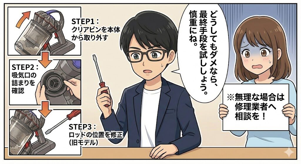 どうしても開かない場合の最終手段(マイナスドライバー等)