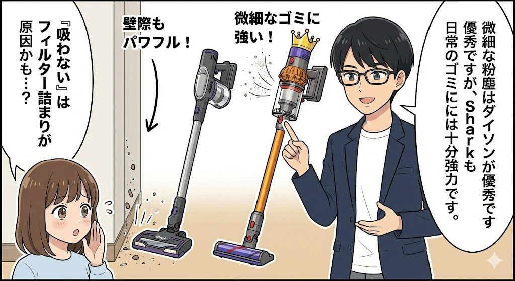 吸引力は吸わない？ダイソンと比較した清掃能力の違い