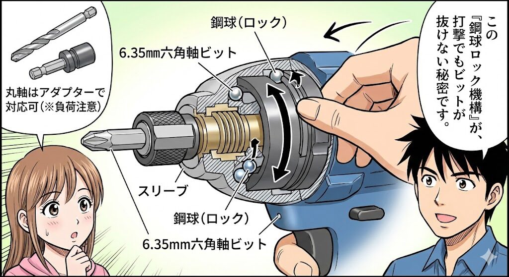 六角軸ビットしか使えない？チャックとスリーブの保持構造