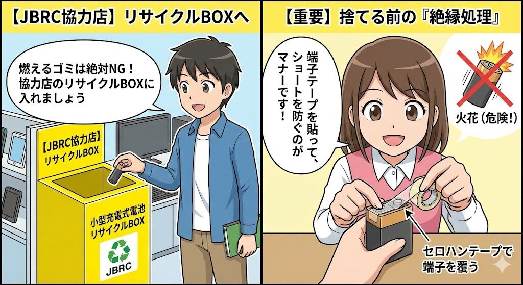 古いバッテリーの捨て方は？JBRC協力店と絶縁処理の重要性