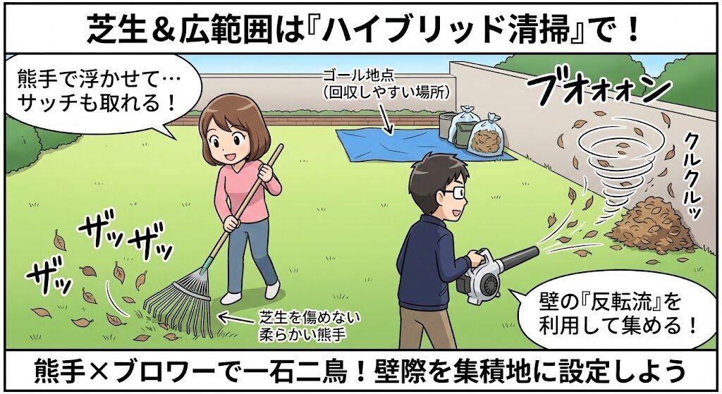 芝生や庭の広範囲を効率よく集める方法