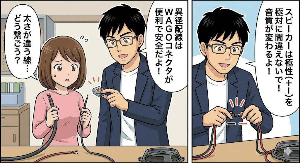 異径配線やスピーカーケーブルの接続