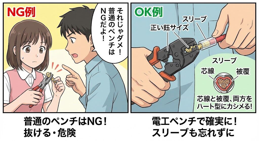圧着端子と電工ペンチで確実に固定