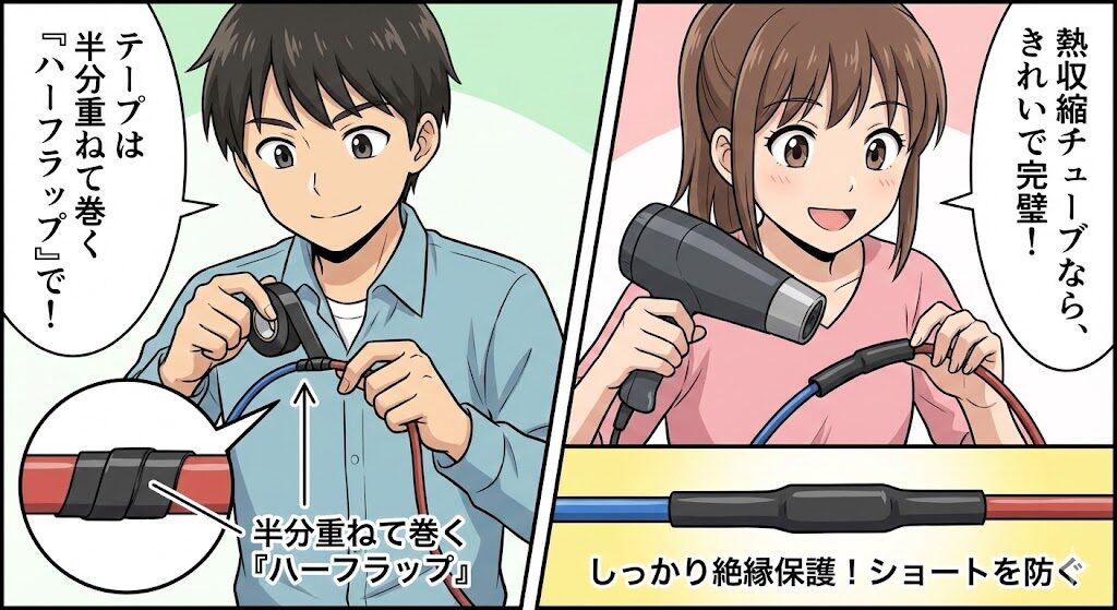 絶縁テープや収縮チューブで保護する