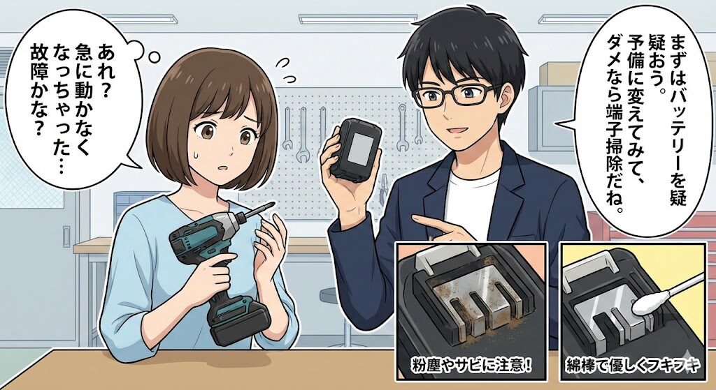 まずはバッテリーと端子の接触不良を確認