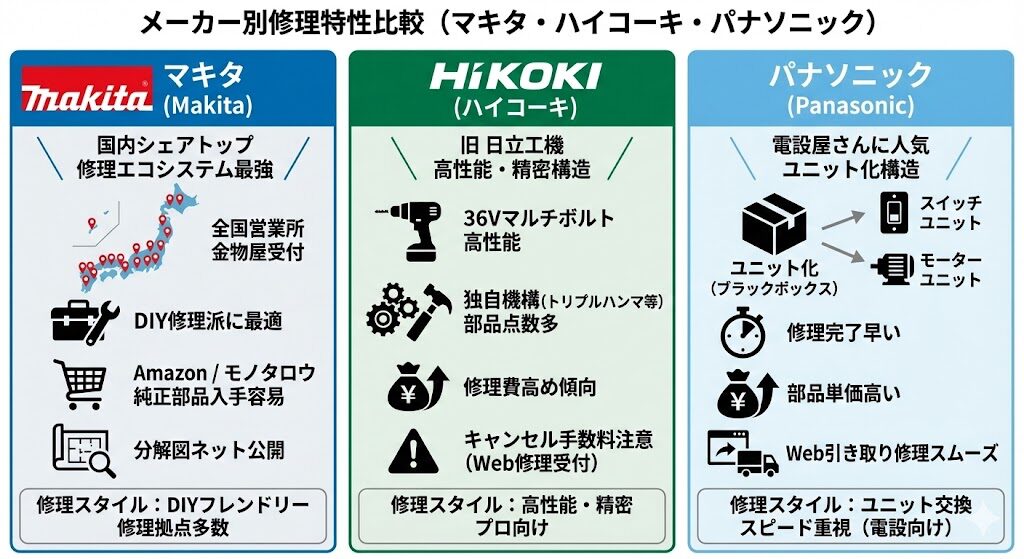 マキタやハイコーキなどメーカーの特徴