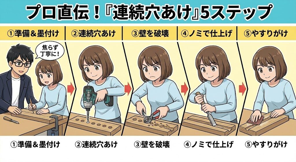【実践手順】プロが教える「連続穴あけ」で綺麗な溝を作る5ステップ