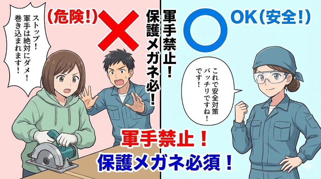 手袋禁止など安全な服装と保護メガネ