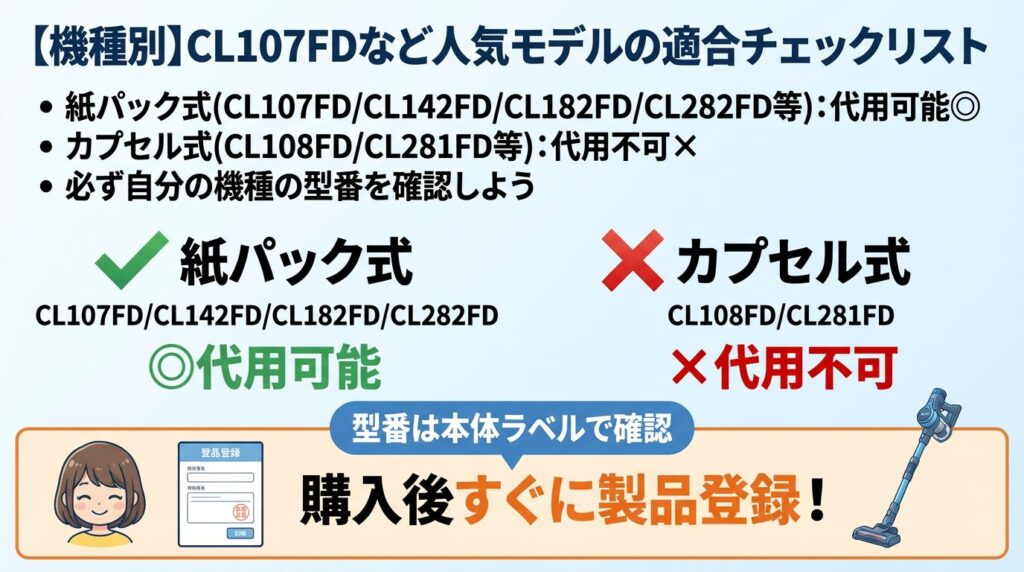 【機種別】CL107FDなど人気モデルの適合チェックリスト