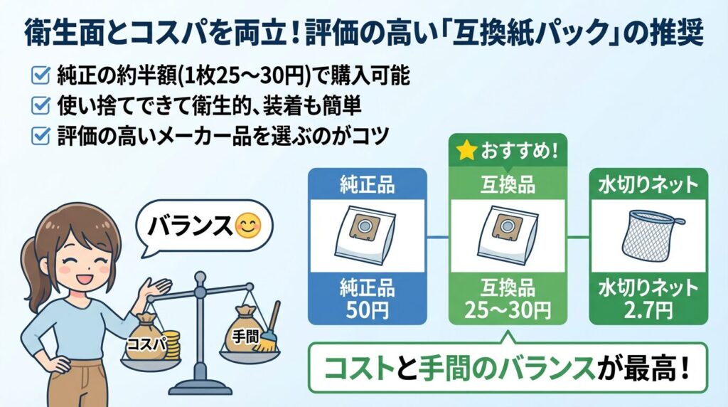 衛生面とコスパを両立！評価の高い「互換紙パック」の推奨