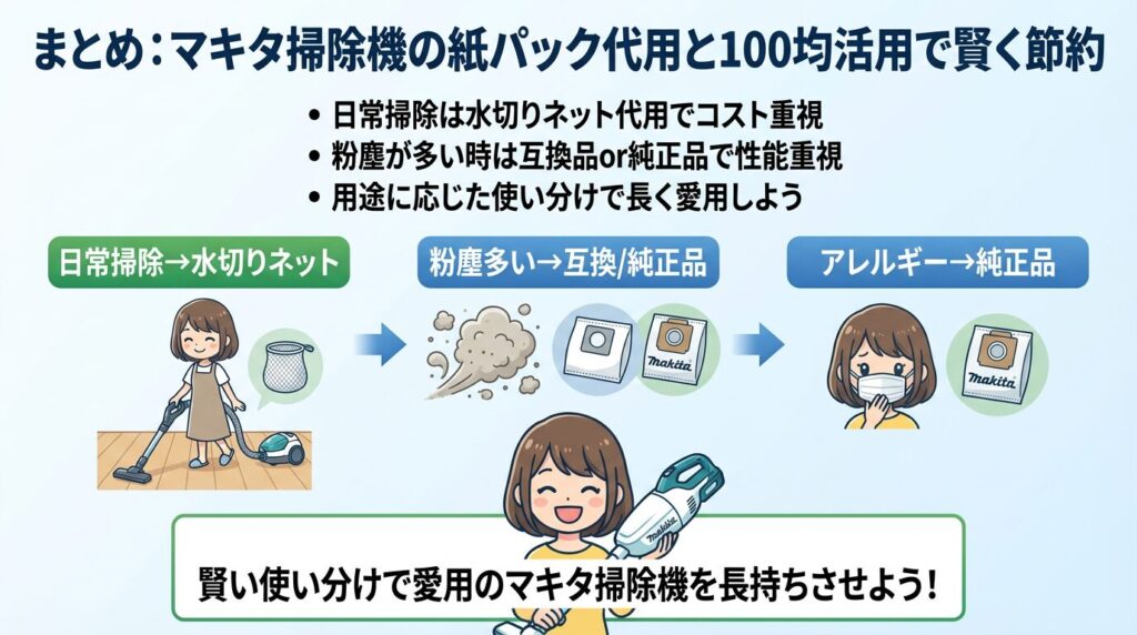 まとめ：マキタ掃除機の紙パック代用と100均活用で賢く節約