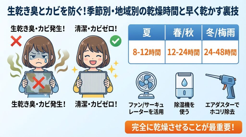 生乾き臭とカビを防ぐ！季節別・地域別の乾燥時間と早く乾かす裏技
