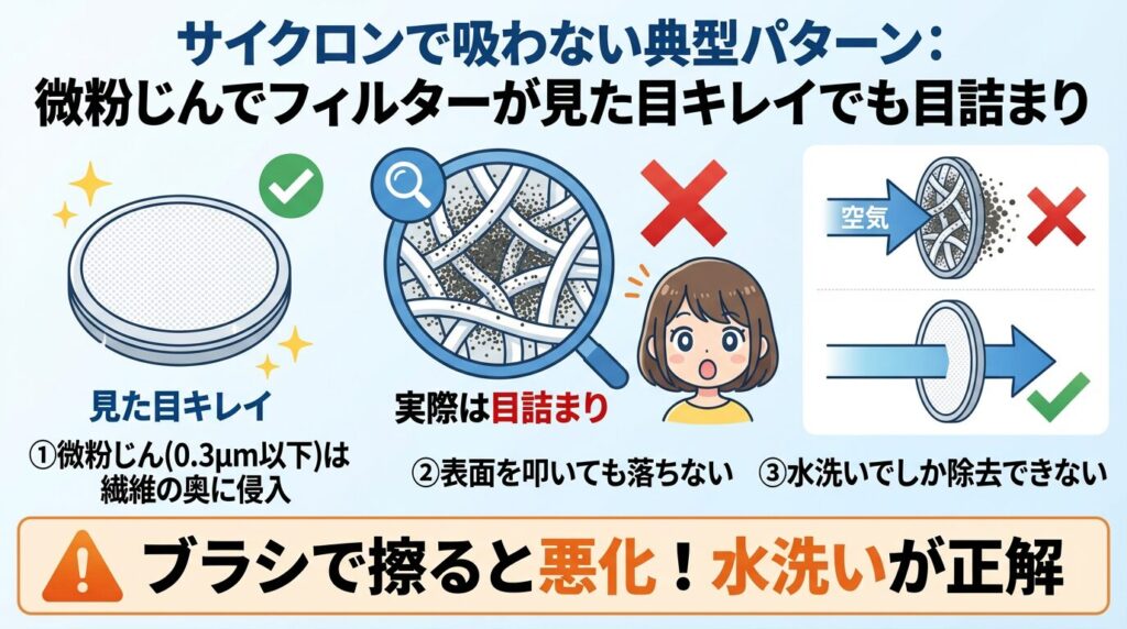 サイクロンで吸わない典型パターン：微粉じんでフィルターが“見た目キレイでも目詰まり