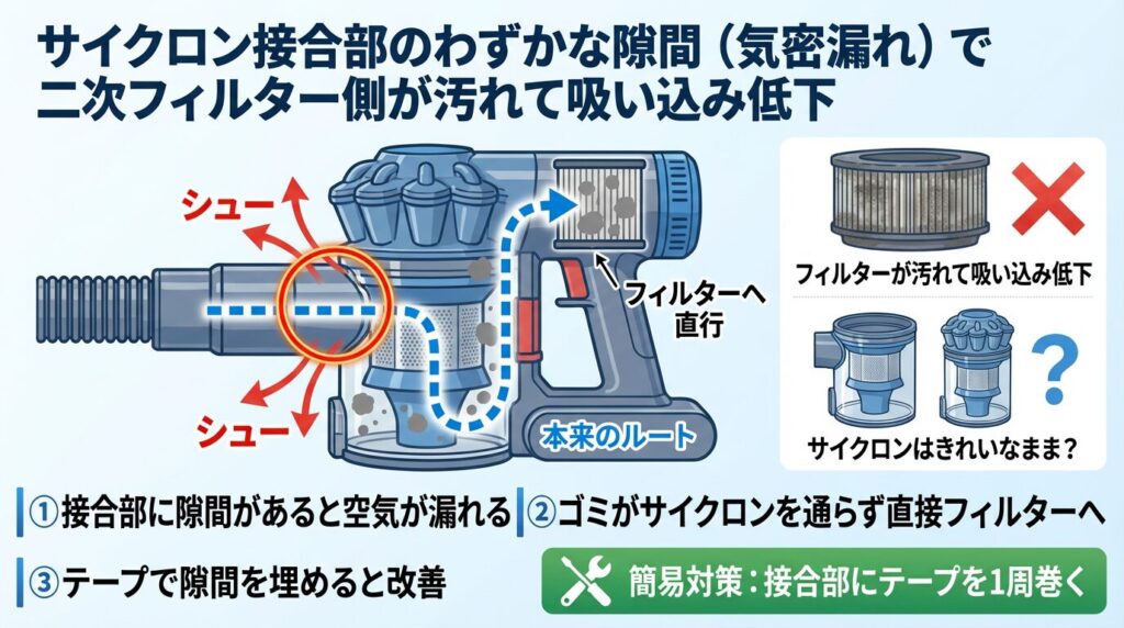 サイクロン接合部のわずかな隙間（気密漏れ）で二次フィルター側が汚れて吸い込み低下