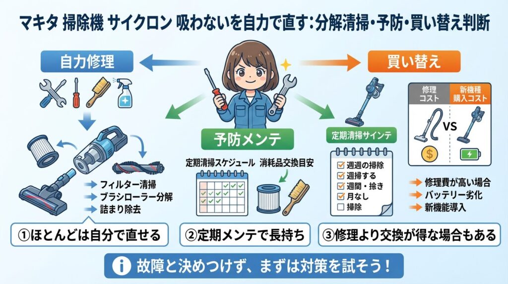 マキタの掃除機サイクロンが吸わない、自分で直す方法