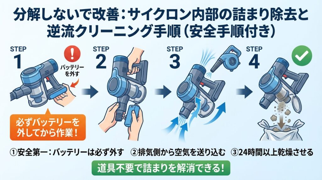 分解しないで改善：サイクロン内部の詰まり除去と“逆流”クリーニング手順